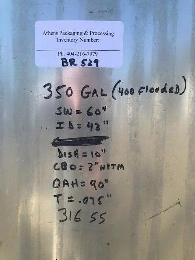 Used 350 Gallon 316 Stainless Mix Tank Vertical With Dish Bottom