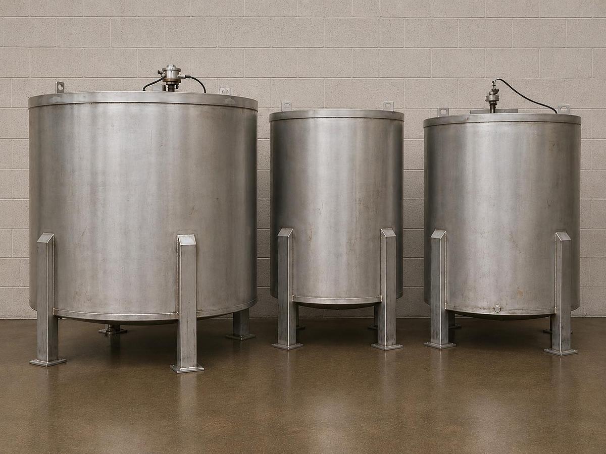 Used 1000 Gallon Stainless Steel Tank Open Top, Cone Bottom ,Top Center mixer 3 avail