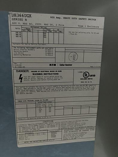 Used DH366UGK Cutler Hammer 600A 600V 3 Pole Non Fusible Nema 1 Disconnect Switch