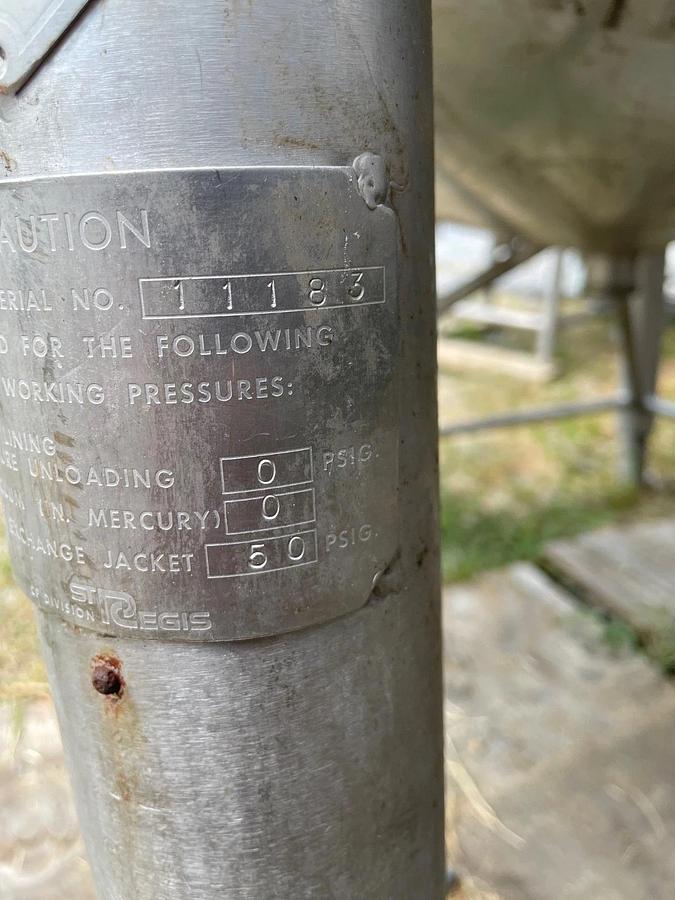 Used 500 Gallon Jacketed 304 Stainless Steel  w Cone bottom 50 PSI