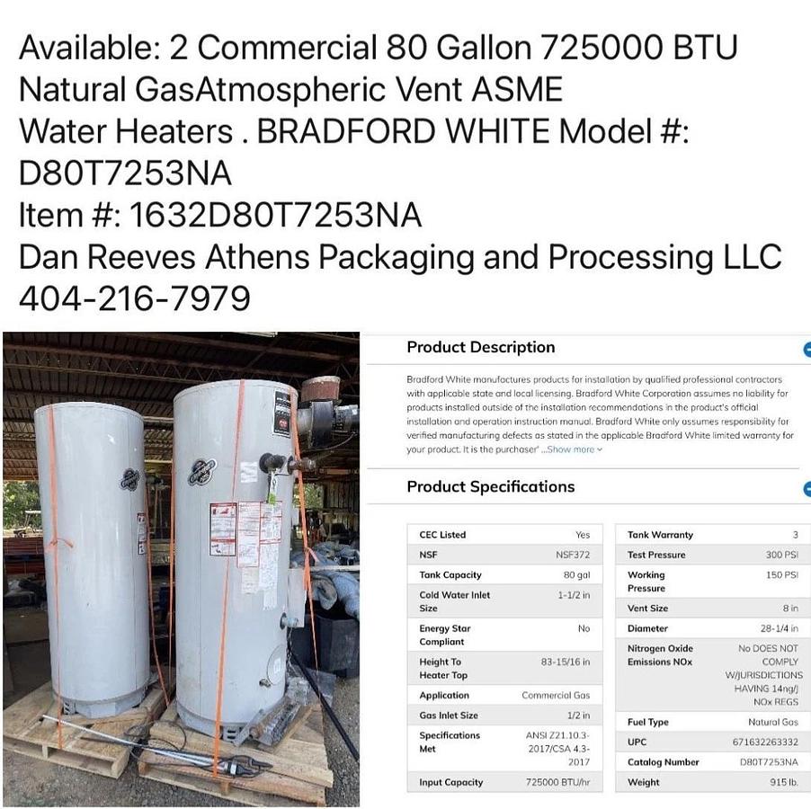 Used 80 Gallon BRADFORD WHITE D80T7253NA Commercial Water Heater - 725000 BTU Nat Gas
