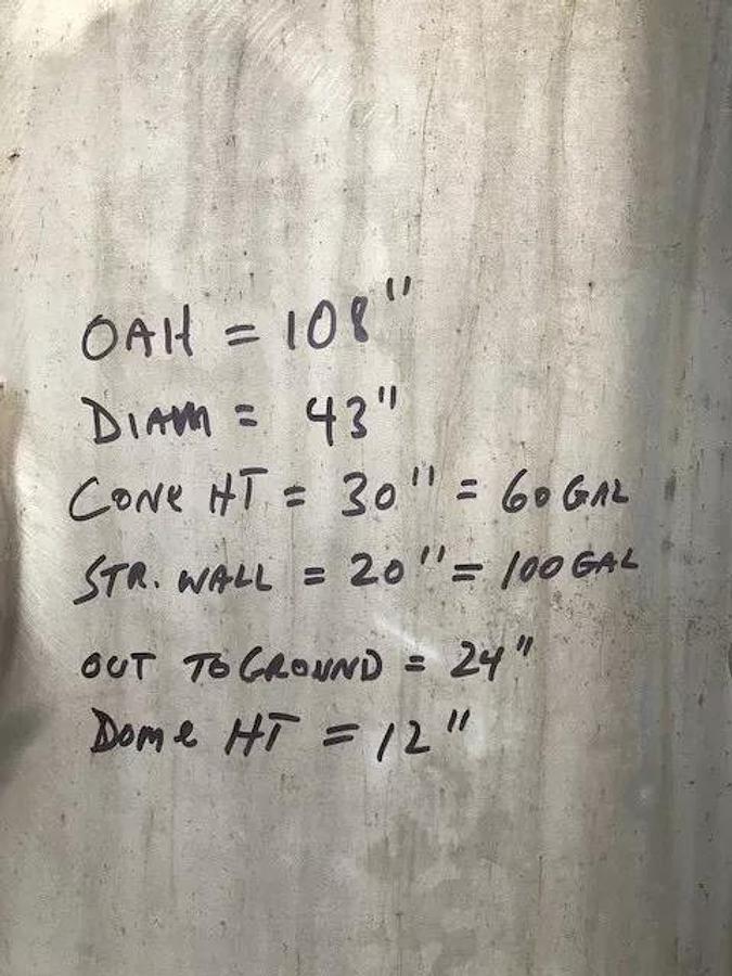 Used 150 Gallon Deep Cone Stainless Steel Tank On Legs Mfg By Arrow Processing Equip