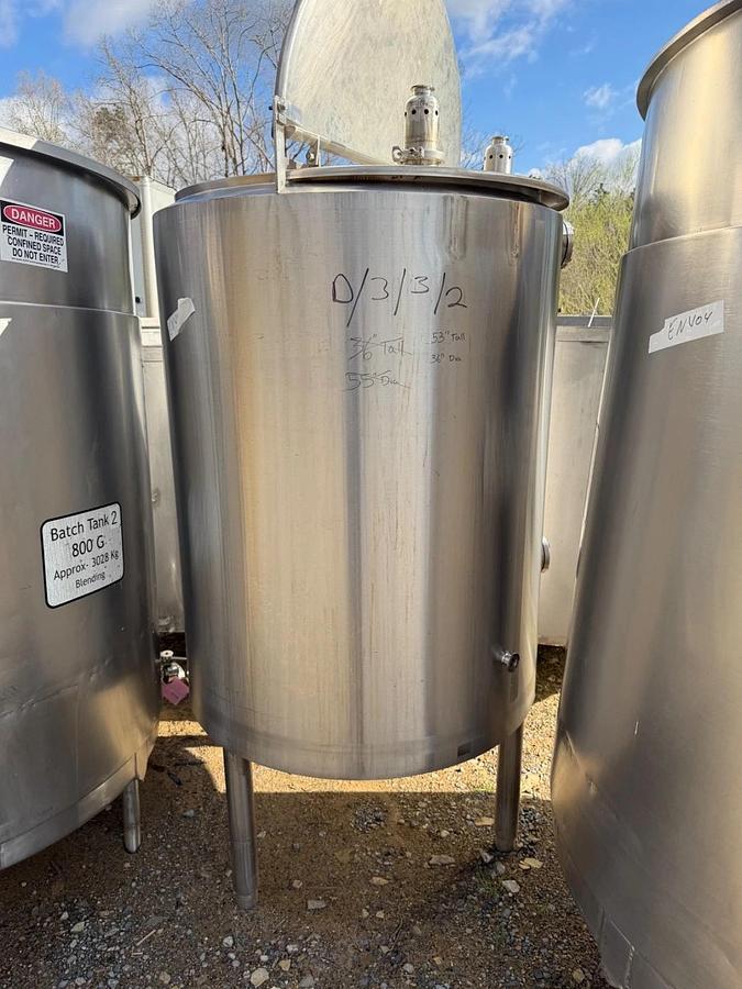 Used 200 Gallon Jacketed 316 Stainless Steel  Cone bottom center Drain mfg DCI