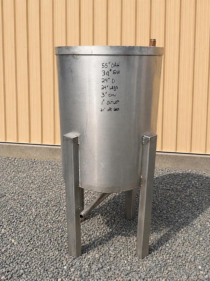 Used 50 Gallon 304 Stainless Steel Open Top Tank – Cone Bottom – 1” Center Drain
