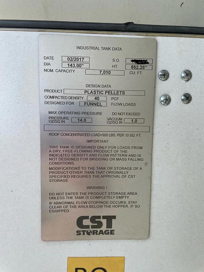 Used SILO PELLET RESIN SILO’S MFG BY CST STORAGE 12’ x 72  7000 cubic feet 4 availabl