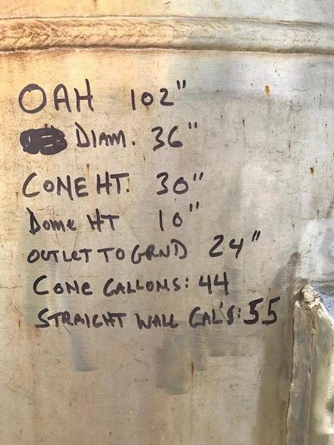 Used 55 Gallon Deep Cone Stainless Steel Tank On Legs Mfg By Arrow Processing Equipme