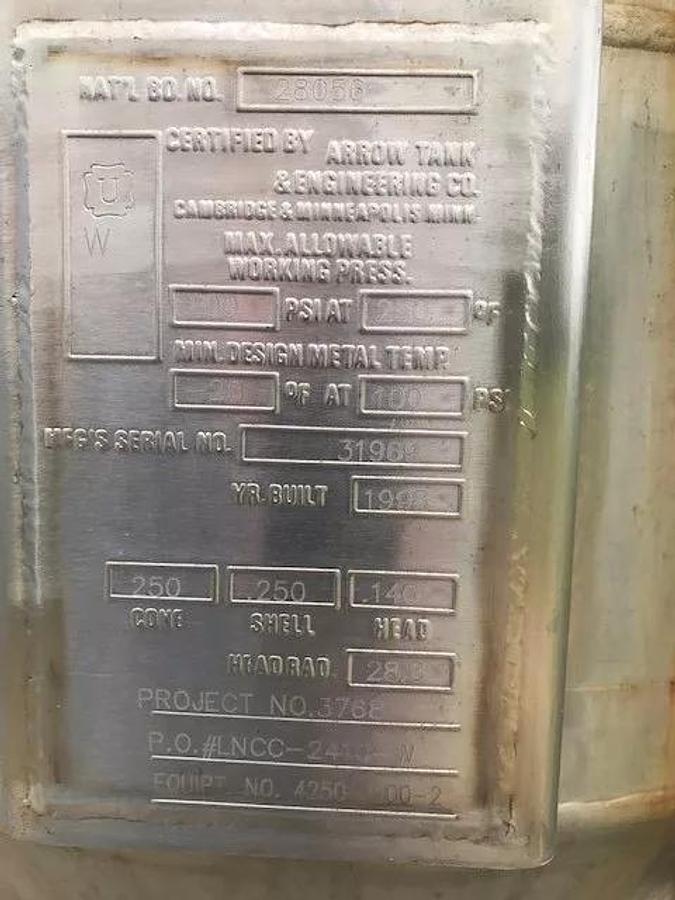 Used 55 Gallon Deep Cone Stainless Steel Tank On Legs Mfg By Arrow Processing Equipme