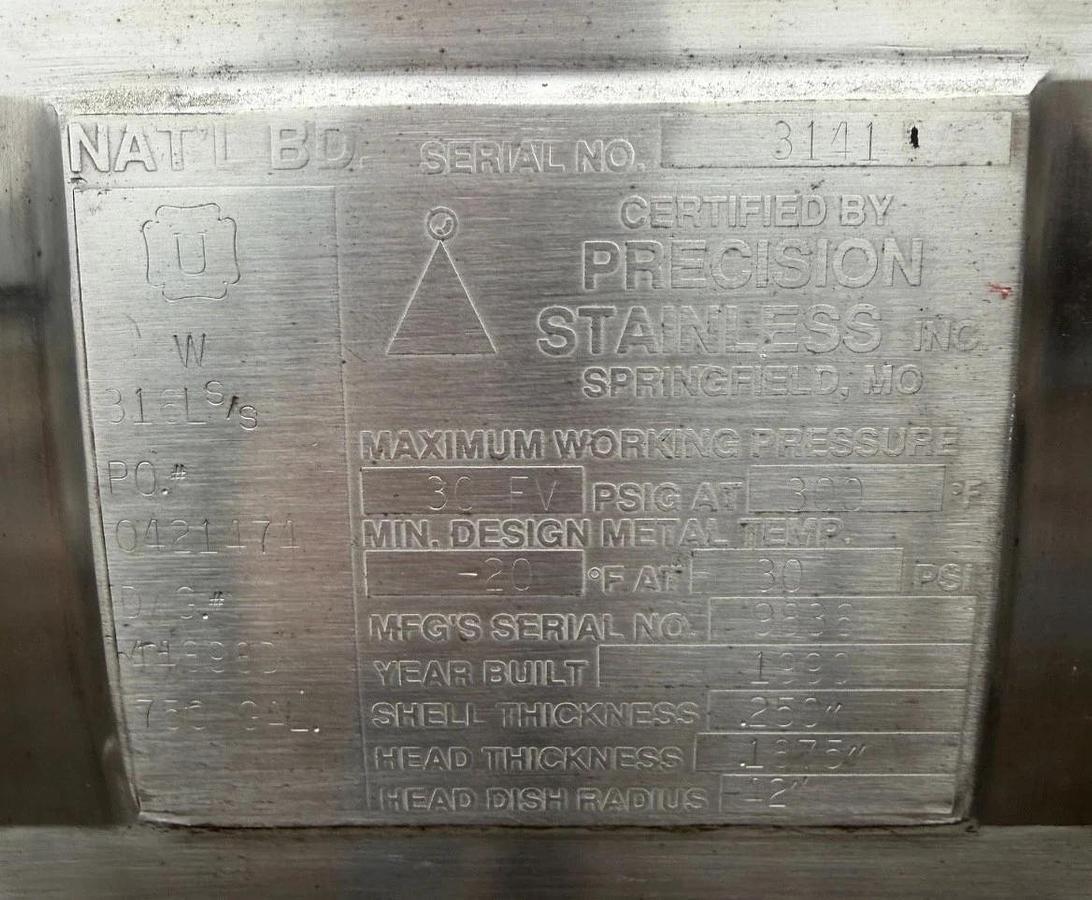 Used 750 Gallon Horizontal Holding Tank - 316 L Stainless Steel Tank w/skid