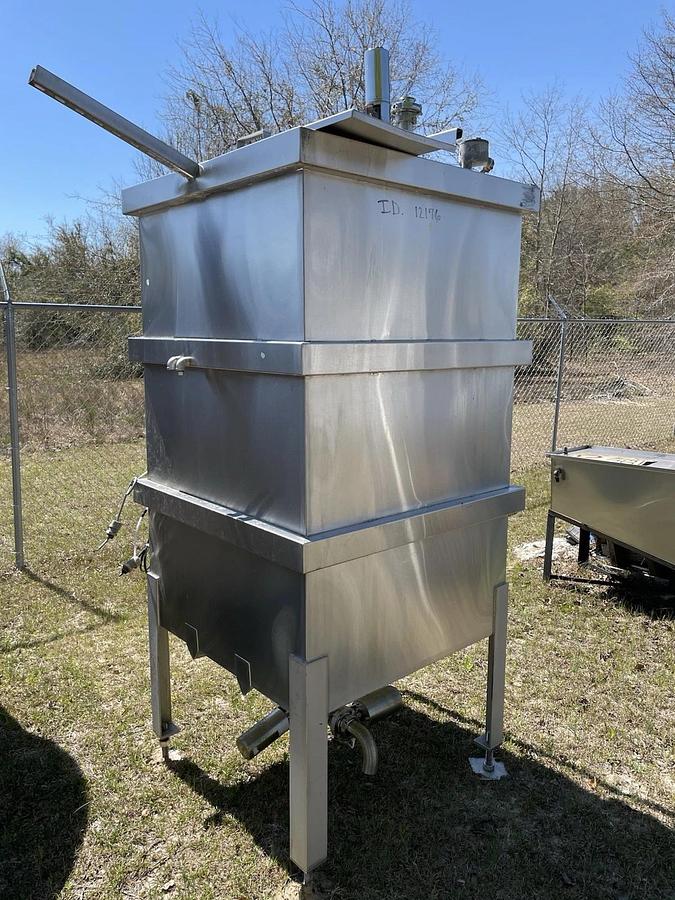 Used 325 Gallon Stainless Steel Tank w Cone Bottom , Hinged Lid , On Legs