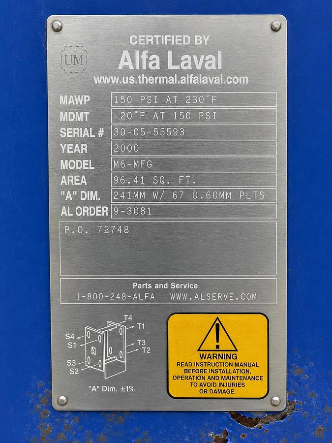 Used Alfa Laval M6-MFG Sanitary Plate Heat Exchanger 96.4 Sq Ft 150 PSI