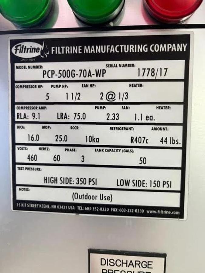 Filtrine PCP-500-70A WP Chiller  Filtrine Manufacturing Never Used