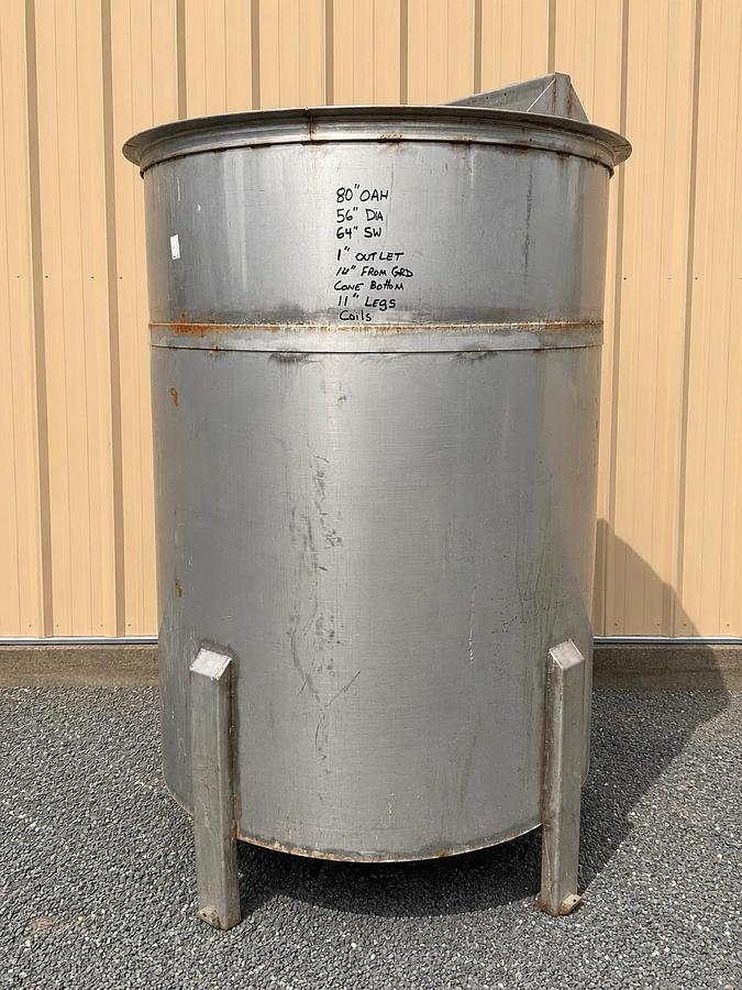 Used 600 Gallon 304 Stainless Steel Open Top Cone Bottom Tank w/ heat /Cooling Coils