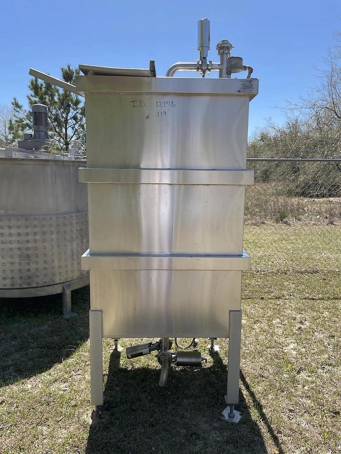 Used 325 Gallon Stainless Steel Tank w Cone Bottom , Hinged Lid , On Legs