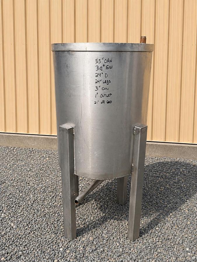 Used 50 Gallon 304 Stainless Steel Open Top Tank – Cone Bottom – 1” Center Drain