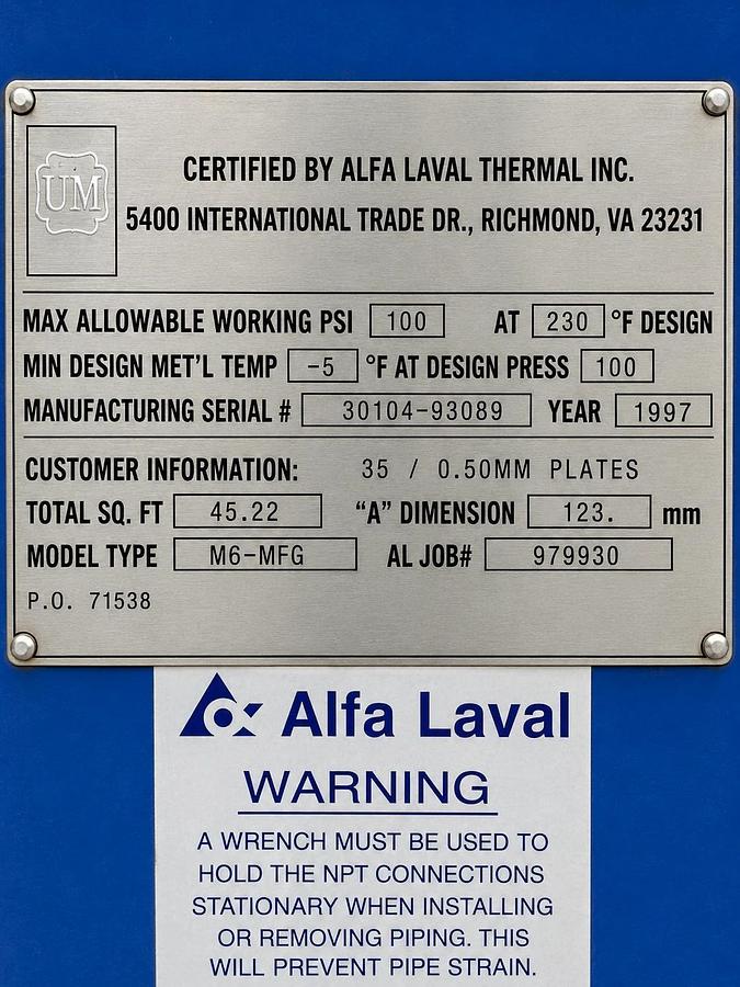 Used 2 Alfa Laval Plate Heat Exchangers M6-MFG Stainless Food Grade