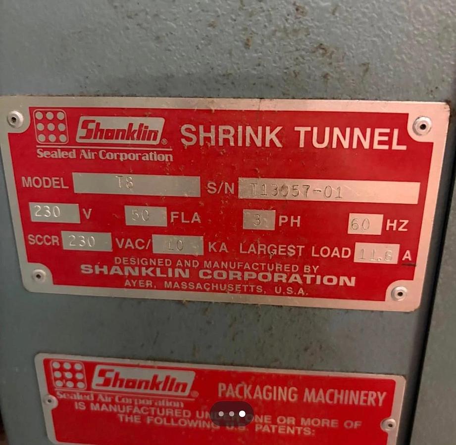 Used SHANKLIN T-8 INDUSTRIAL SHRINK TUNNEL – 28” W x 16” H OPENING – 230V 3PH