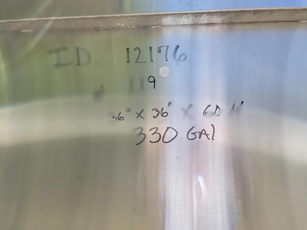 Used 325 Gallon Stainless Steel Tank w Cone Bottom , Hinged Lid , On Legs