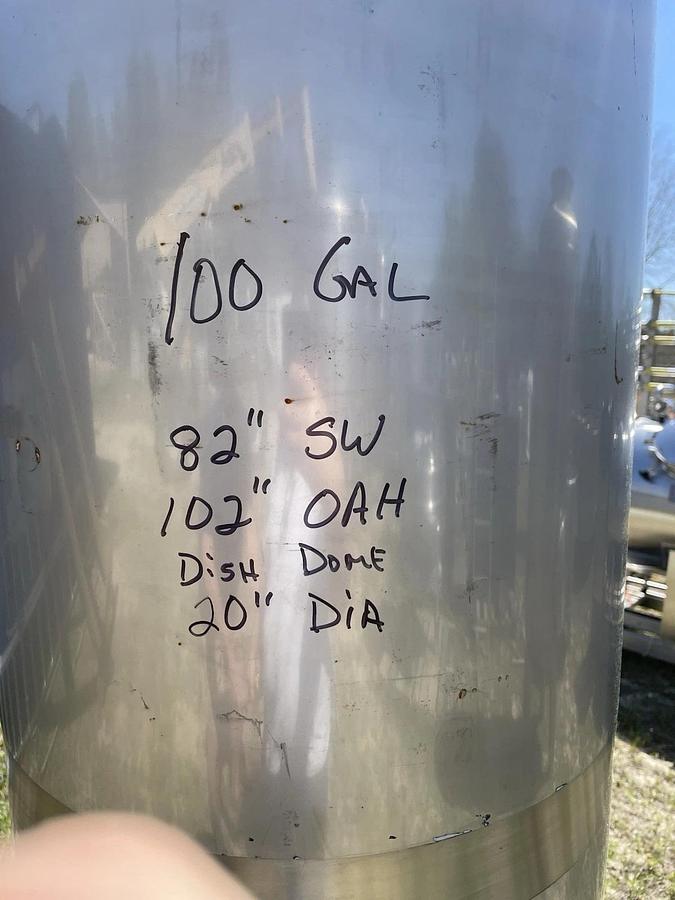 Used 100 Gallon Stainless Tank , Dome Top , Dish Bottom , On Legs