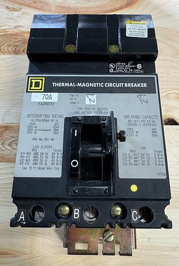 Used FA34070 Square D 70 Amp 480V 3 Pole 18kA@480V ILine Circuit Breaker