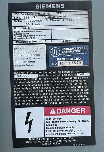 Used Siemens 400 Amp Main Breaker Panel 208/120V 3P 4W Type SPP