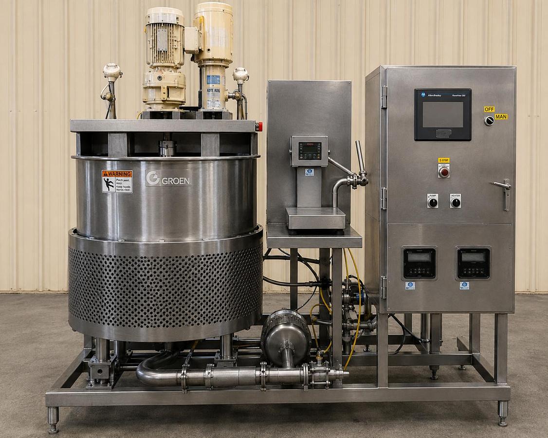 Used Groen 80 Gal Jacketed Kettle w Dual Motion , Pumps , Boiler Complet Process Skid
