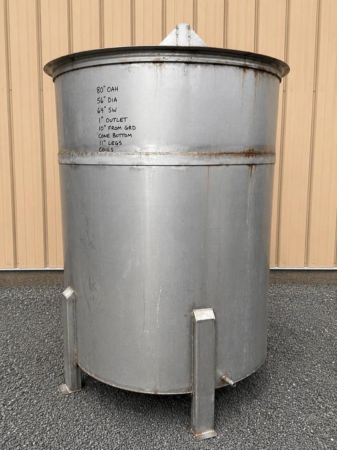 Used 600 Gallon 304 Stainless Steel Open Top Cone Bottom Tank w/ heat /Cooling Coils