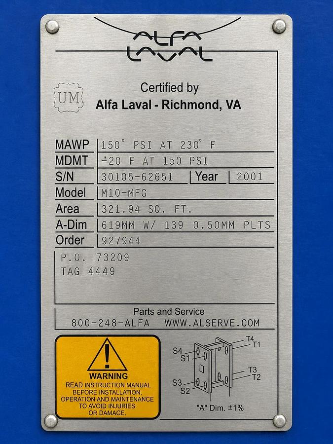 Used ALFA LAVAL M10-MFG STAINLESS STEEL PLATE HEAT EXCHANGER – 322 SQ FT – 150 PSI