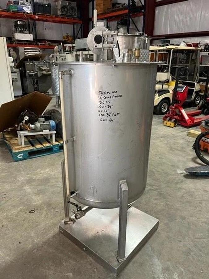 Used 50 Gallon 316 Stainless Steel Mixing Tank W top Mounted 3/4 HP Mixer
