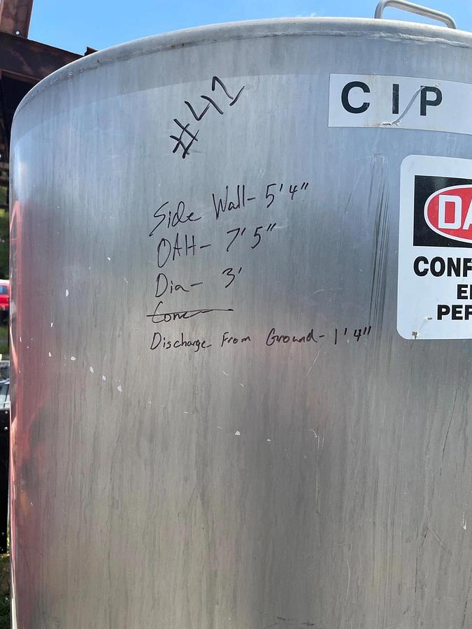 Used Quanity 2 Stainless Steel CIP Tanks, 200 Gallons each. 90” High x 30” diameter