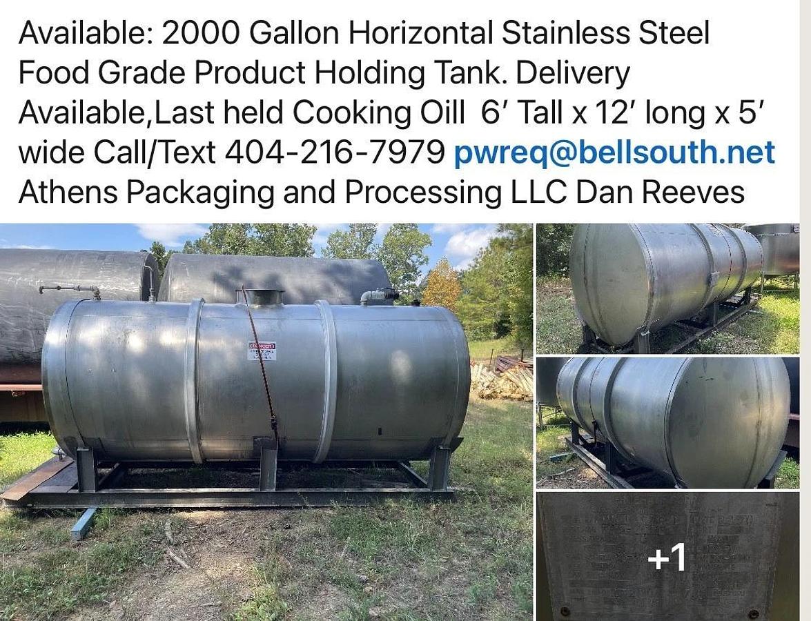 Used 2000 Gallon Horizontal Holding Tank - 304 Stainless Steel edible oil Tank w/skid