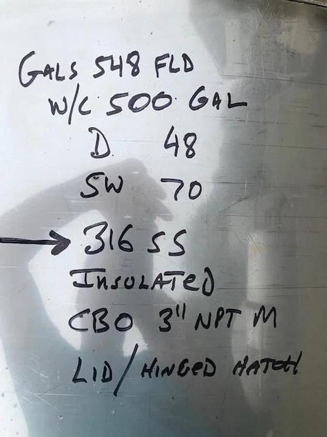 Used 500 Gallon 316 Stainless Steel Insulated Tank Closed Top , Cone , Hinged  Lid