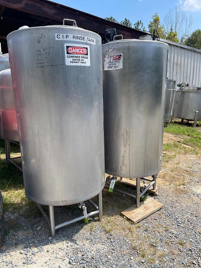 Used Quanity 2 Stainless Steel CIP Tanks, 200 Gallons each. 90” High x 30” diameter