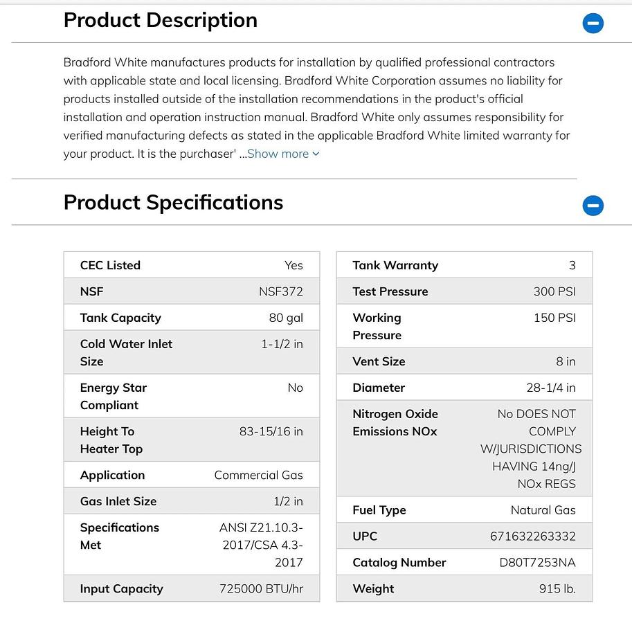 Used 80 Gallon BRADFORD WHITE D80T7253NA Commercial Water Heater - 725000 BTU Nat Gas