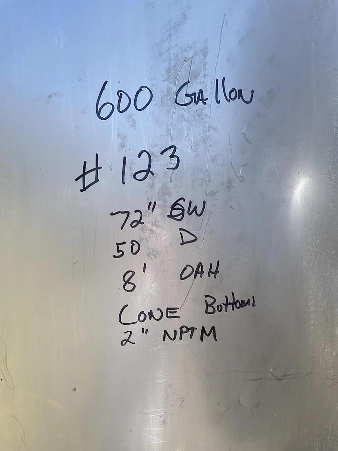 Used 600 Gallon Stainless Steel Mix Tank Cone Bottom , Open top