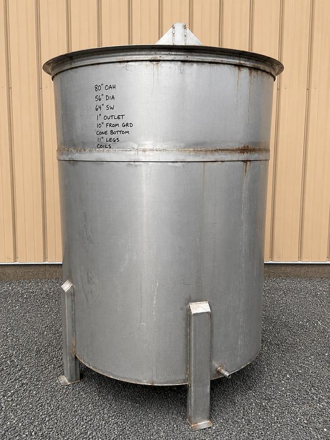 Used 600 Gallon 304 Stainless Steel Open Top Cone Bottom Tank w/ heat /Cooling Coils