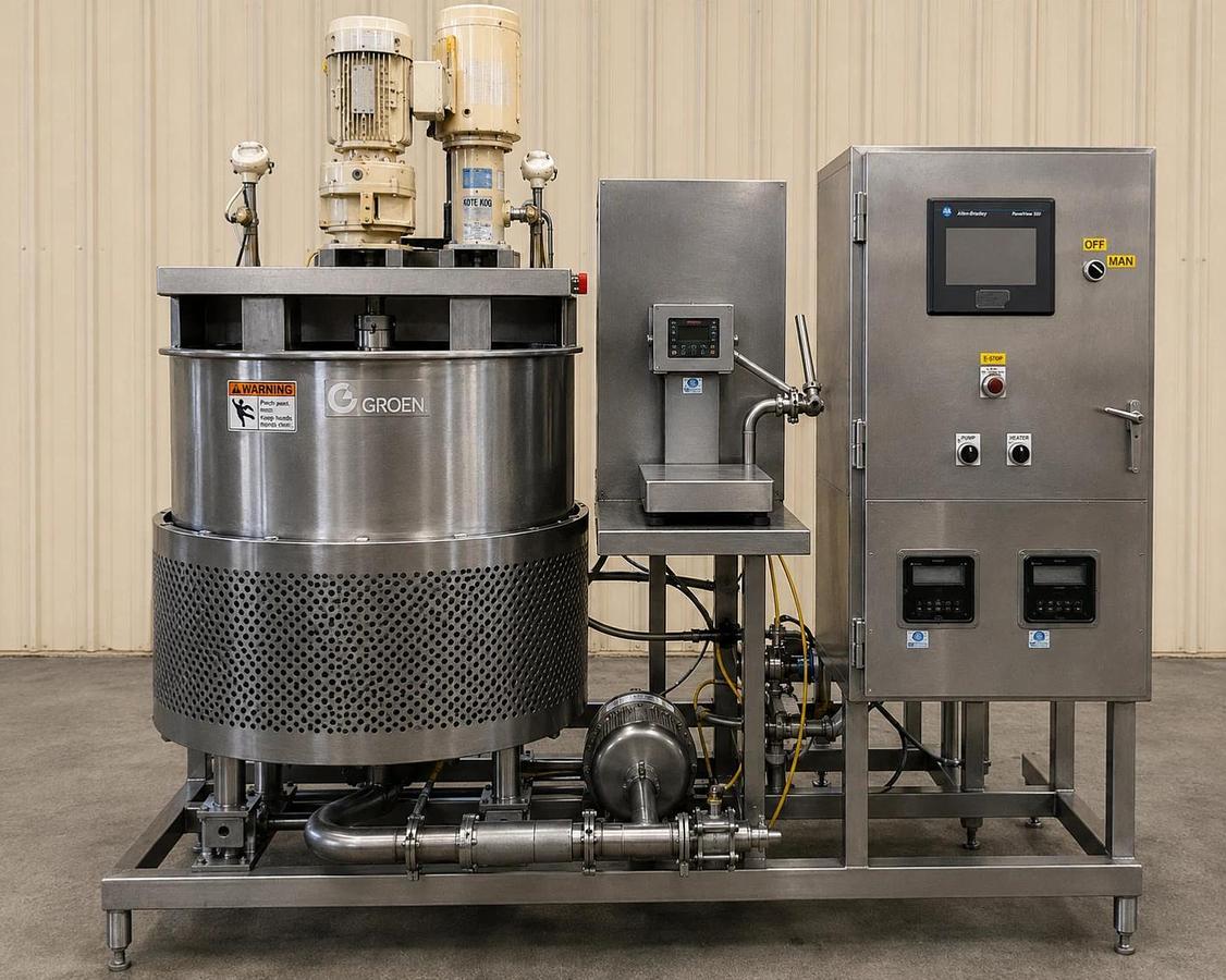 Used Groen 80 Gal Jacketed Kettle w Dual Motion , Pumps , Boiler Complet Process Skid