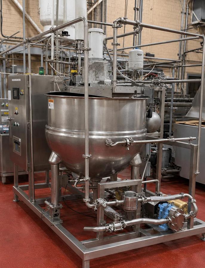 Used Groen TA-150 Stainless Steel Jacketed Scrape Surface Kettle Skid & Pumps Heat X