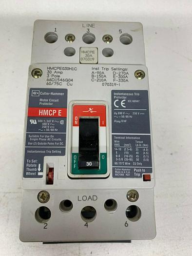 Used HMCPE030H1C Eaton Cutler Hammer 30 Amp 480V 3 Pole MCP Series G