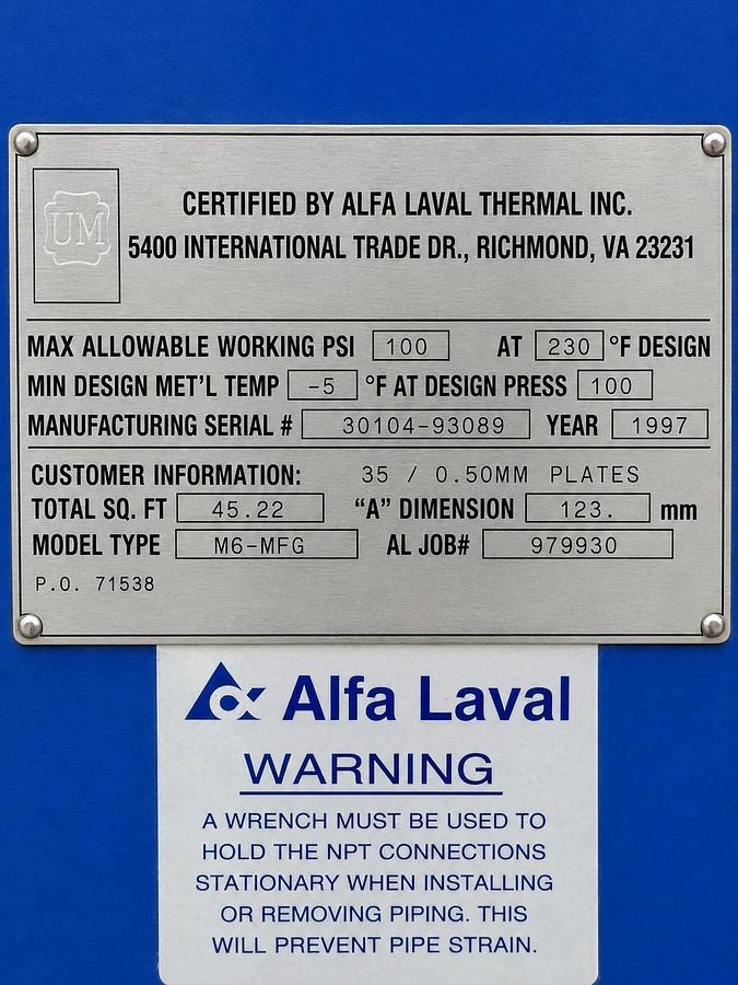 Used 2 Alfa Laval Plate Heat Exchangers M6-MFG Stainless Food Grade