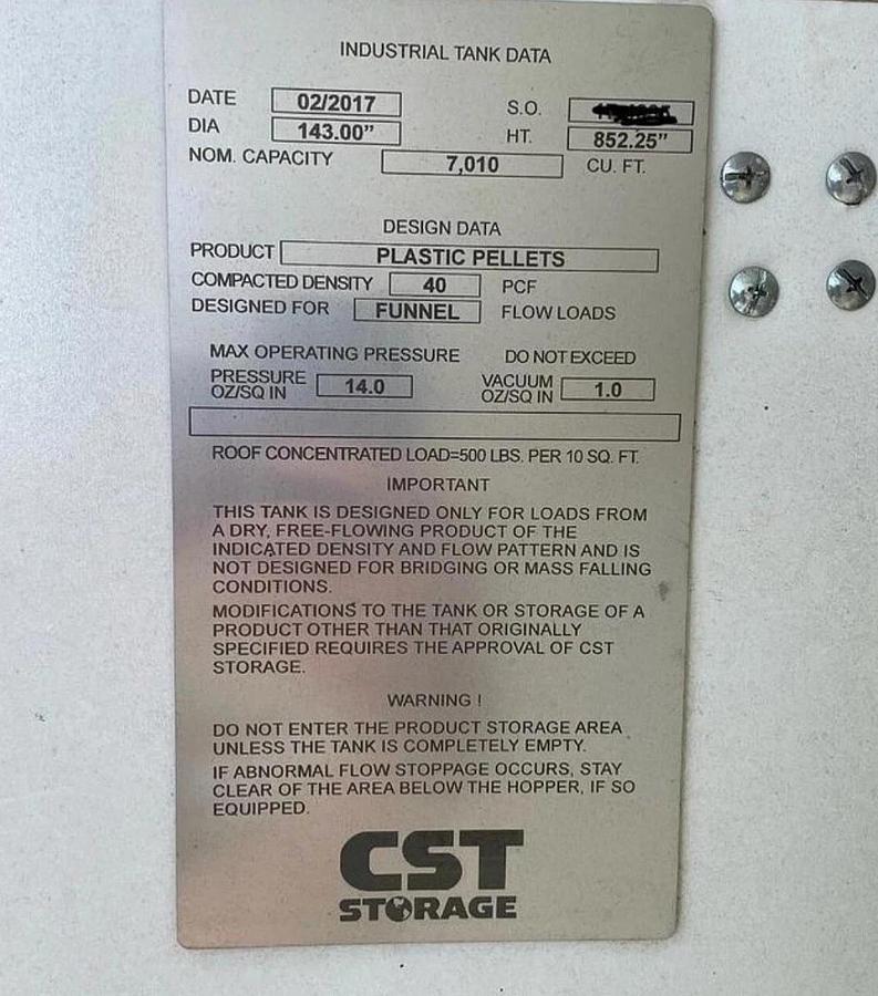 Used 2 SILO PELLET RESIN SILO’S MFG BY CST STORAGE 12’ x 72’  NO RUST! Excellent Cond