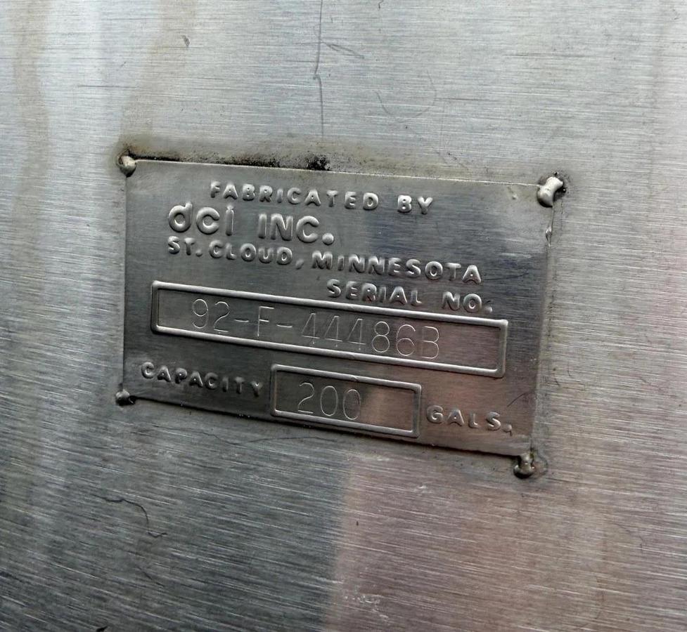 Used 200 Gallon Jacketed 316 Stainless Steel  Cone bottom center Drain mfg DCI