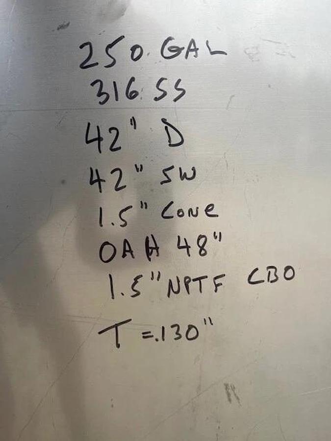 Used 250 Gallon 316 Stainless Steel Mix Tank w Cone Bottom Open Top on legs 5 availa