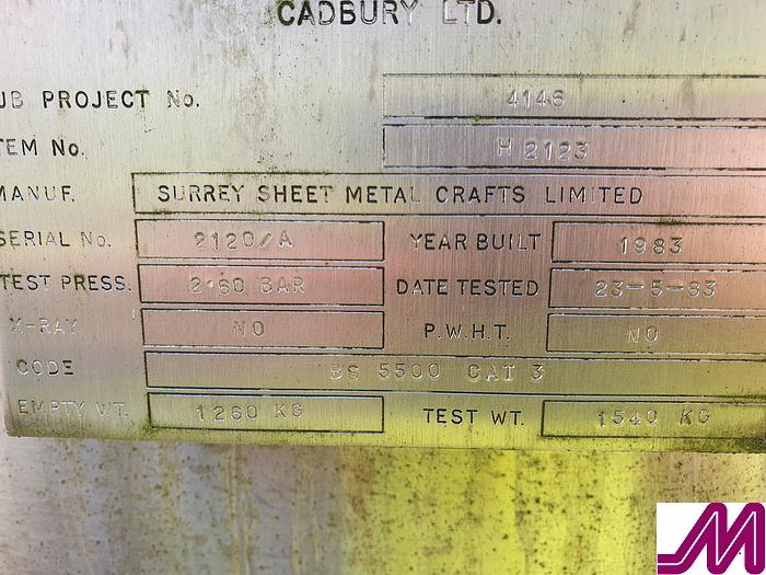 Used 4,000 Litre Stainless Steel Jacketed Mix Tank