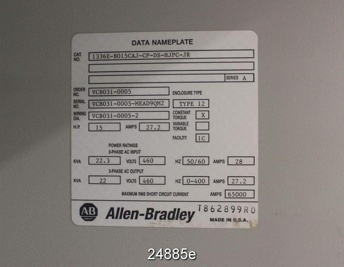 Used Allen Bradley 1336 Bulletin 1336 Braking Chopper, Input 750Vdc, Cat 1336-Wb035, Series A, For Use With 460 Vac A.F. Drives Min Brake Resistor 9 Ohms #24885