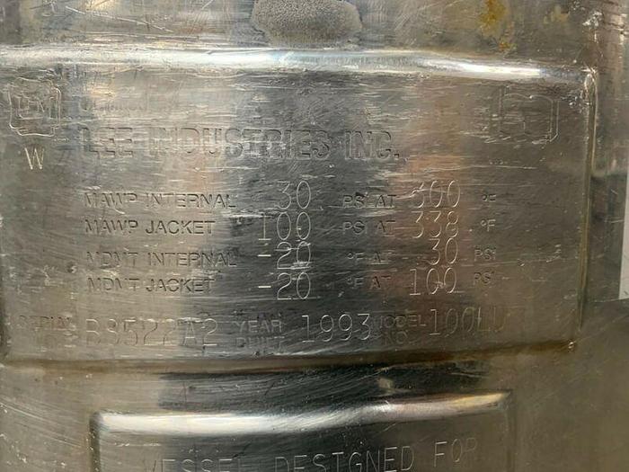 Used LEE 100 Liter Stainless Steel Jacketed Reactor w/ Agitator 30 PSI