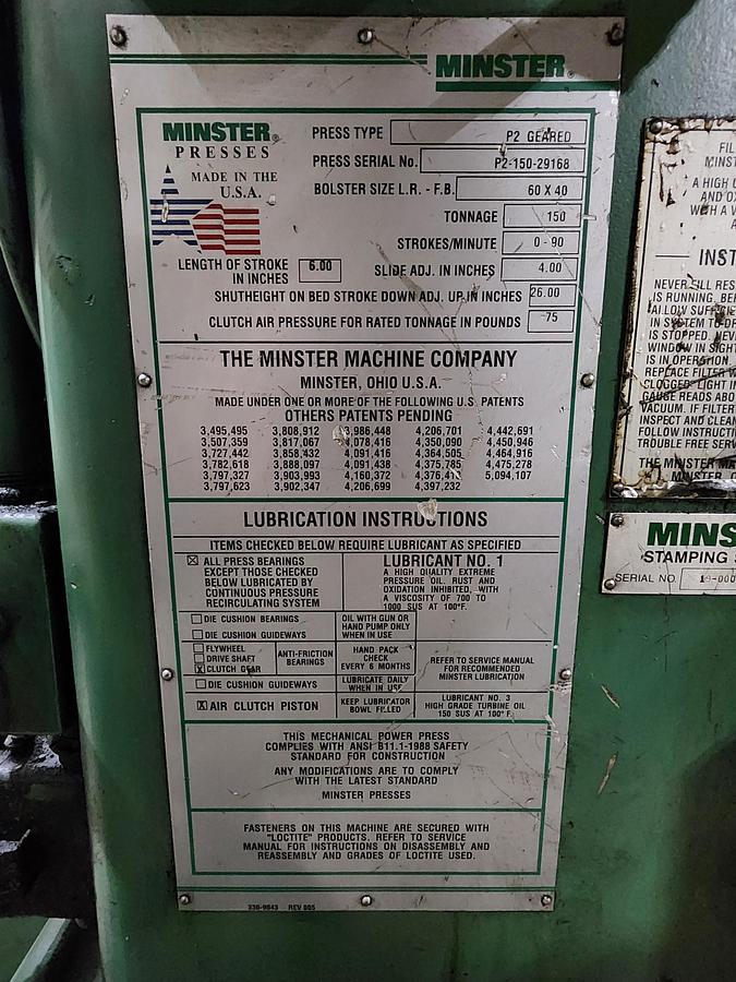 Used 1997 MINSTER MODEL P2-150 STRAIGHT SIDE PRESS
