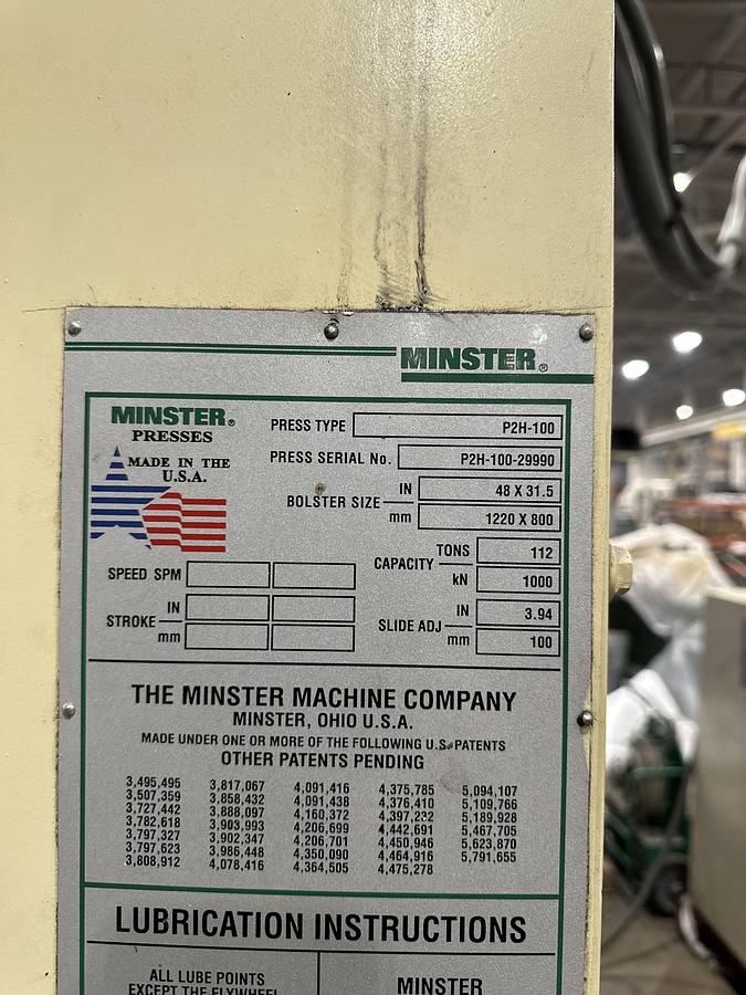 Used MINSTER MODEL P2H-100 STRAIGHT SIDE PRESS