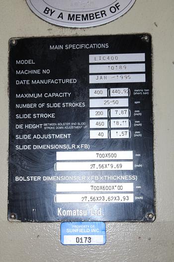 Used 440 TON KOMATSU MODEL LIC400 LINK DRIVE PRESS