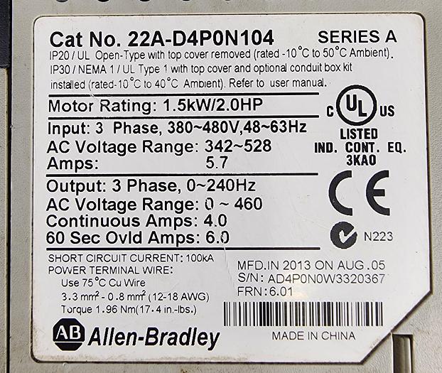 Used Allen-Bradley 22A-D4P0N104 Powerflex 4