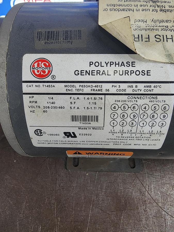 Used US Motors T14S3A / P63GKD-4612  3 Phase 1140 RPM 1/4 HP Motor